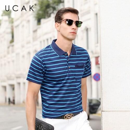 UCAK Brand Streetwear Short Sleeve Striped T-Shirts Men Clothing Summer New Fashion Turn-Down Collar Casual T Shirt Homme U5398