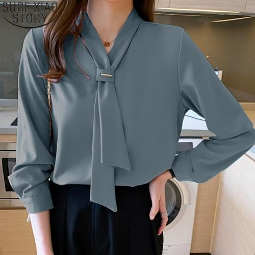 2021 New Fashion Chiffon Women Blouse and Tops Office Long Sleeve Solid Women Shirts with Bow Tie V Neck Loose Clothes 13022