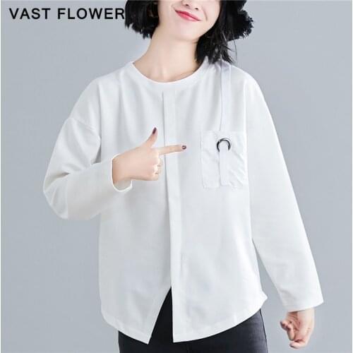 Women White Vintage Irregular Split T-Shirt Long Sleeve Pocket Loose Tee Shirt Femme Tops Fashion Clothes Spring Autumn 2021