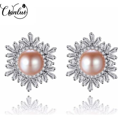 WANLUO Female Snowflake Stud Earrings Real 925 Sterling Silver Jewelry High Quality Natural Pearl For Women Christmas Gifts