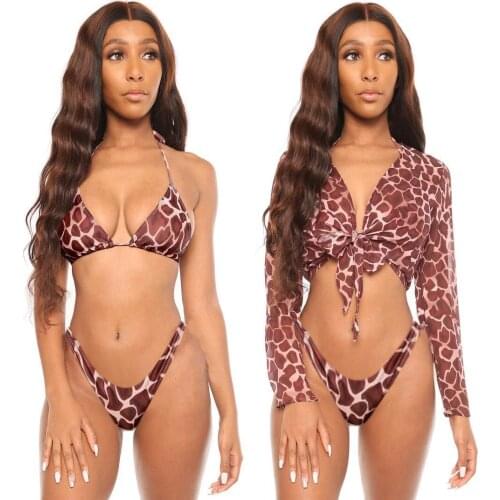 3PCS Swimwear Summber Bikini Set Chiffon Cover Up Women Leopard Print Bikini Beach Wear Push-up Bandage Striped Swimsuit Biquini