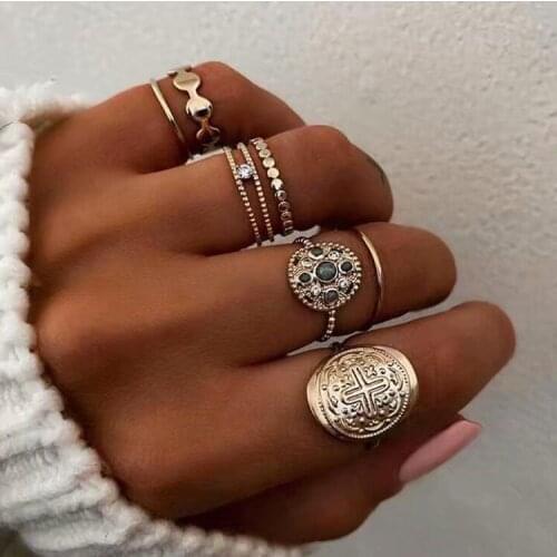 7 pcs/set Boho Midi Finger Rings Set for Women Punk Golden Geometric Crystal Rhinestone Knuckle Rings Wedding Jewelry Gift