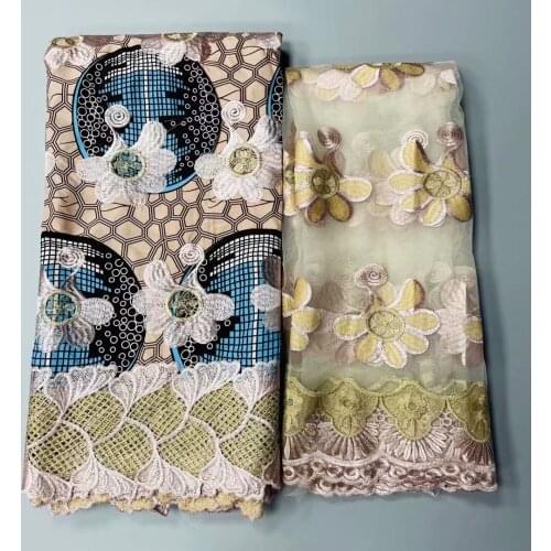 Afican lace fabric 2021 high quality wax fabric cotton ankara wax prints fabric with guipure lace for wedding 6+2yards