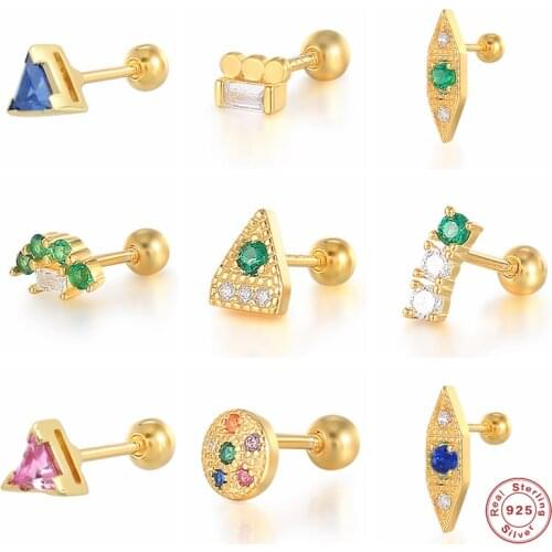 Aide 925 Sterling Silver Colorful Zircon Piercing Stud Earrings For Women Green Crystal Geometric Triangle Shape Ear Stud Gift