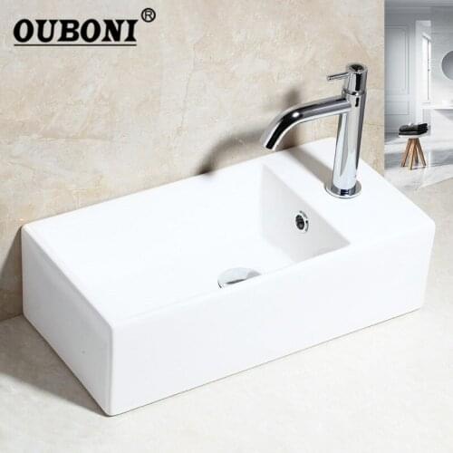 OUBONI White Ceramic Washbasin Vessel Lavatory Basin Bathroom Sink Deck Mounted Bath Combine Brass Faucet Mixers & Taps