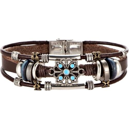 Bohemian Women Multi-layer Vintage Flower Bracelet Beads Leather Bangle Fashion Jewelry Gift