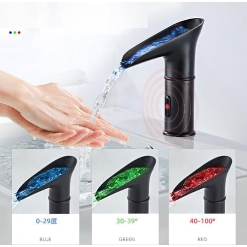 Black Waterfall LED Basin Faucet Automatic Sensor Faucet Touchless Sink Basin Hot Cold Mixer Crane Taps Bathroom Waterfal Faucet