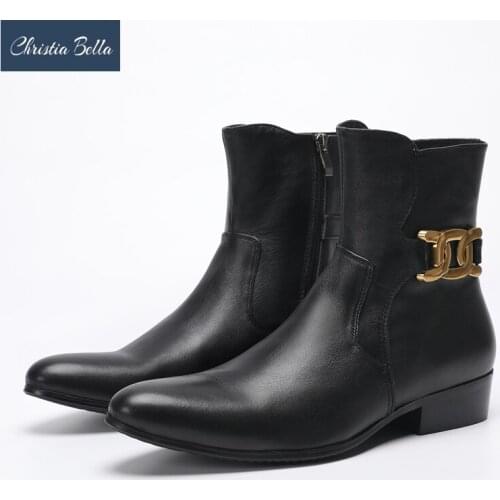 Christia Bella Winter Fashion Men Shoes Black Real Leather Ankle Boots Zipper Motorcycle Short Boots Male Formal Boots Plus Size