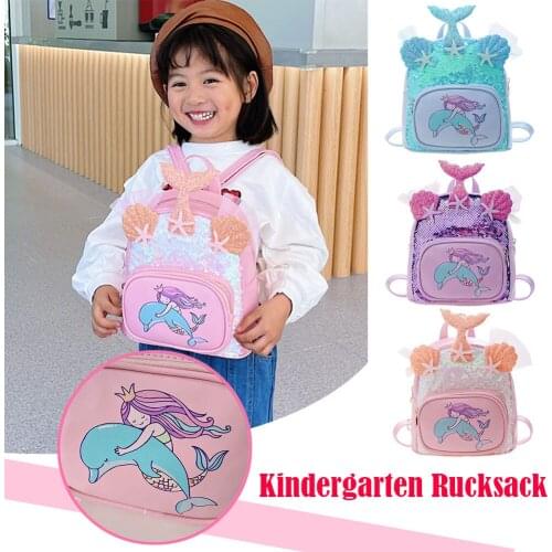 Children Cute Cartoon Mermaid Printing PU Leather Sequins Backpack Girls Kindergarten School Large Capacity Handbags Knapsacks