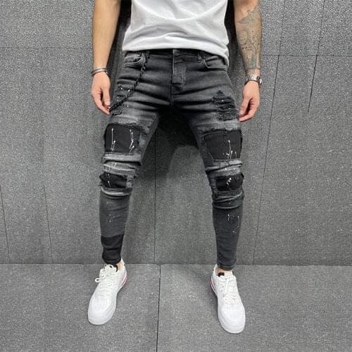 Hip hop Printed jeans men Hole ripped jeans Streetwear Elasticity Slim Fit skinny jeans men fashion trousers