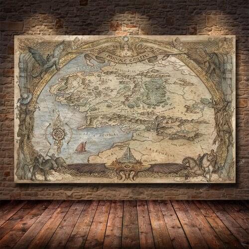 European Medieval Retro Map Middle-earth World Map HD Print Canvas Painting Living Room Bedroom Decoration Painting