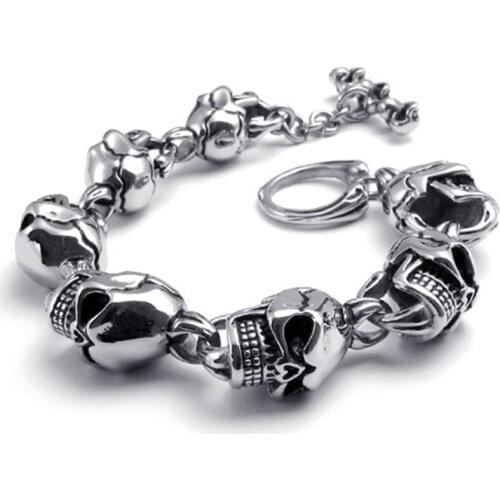 Classic Men Skull Bracelets Stainless Steel Skulls Head Chain Bangle Bracelet Gothic Punk Biker Bracelets Jewelry