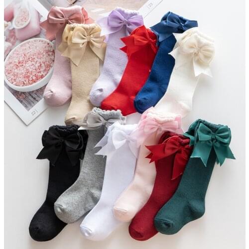 FOCUSNORM 12 Colors Kids Girls Autumn Stocking Outfits 0-7Y Solid Color Mid-Calf Length Stocking with Bowknot