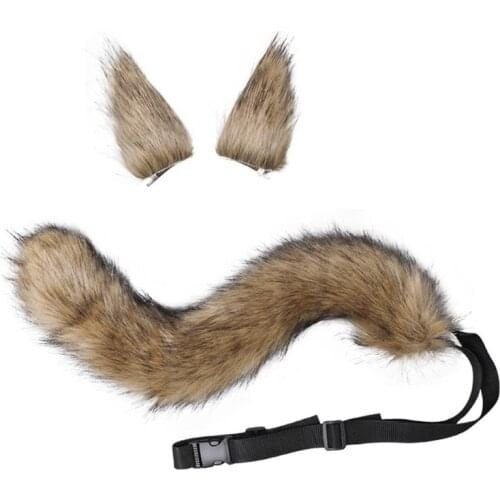 3 Pieces Wolf Girls Anime Cosplay Set Kawaii Foxes Ears Hair Clips Headdress Plush Tail for Halloween Party