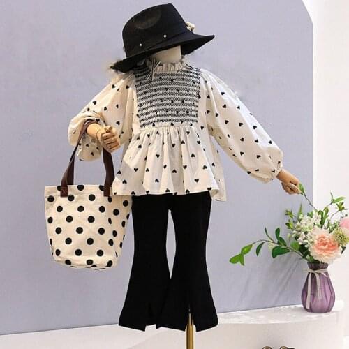 Spring Autumn Casual Girls' Clothing Sets Polka Dot Babydoll Shirt+Flared Pants Baby Clothes Suit Children Clothing Kids Outfits