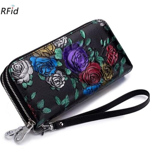 Double Zipper Large-Volume Wallet Womens Long Genuine Leather Card Bit More Rose Wallet Wallet Women