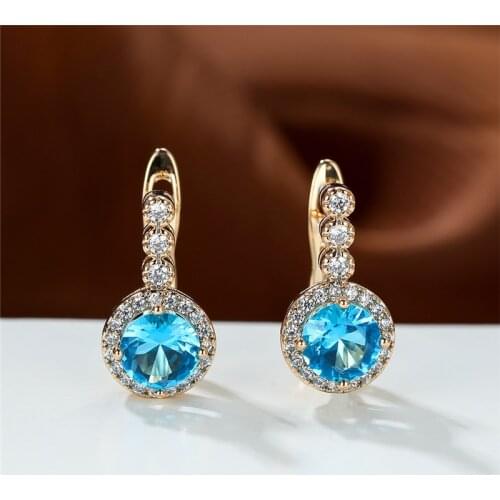 Aqua Blue Crystal Round Stone Earrings Rose Gold Color Small Earrings Cute Purple Zircon Hoop Earrings For Women Wedding Jewelry