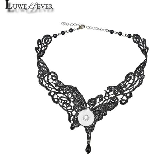 Black Butterfly Lace Necklace 12mm 18mm Snap button Choker Necklace 003 Women Fashion Gothic Choker Handmade Charm Jewelry Gift