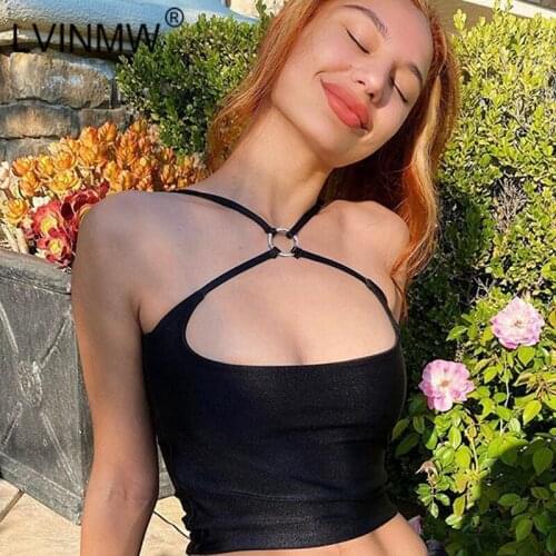 LVINMW Sexy Front Cross Lace Up Metal Ring Sleeveless Low Cut Backless Crop Top 2020 Summer Women Slim Skinny Camis Club Party