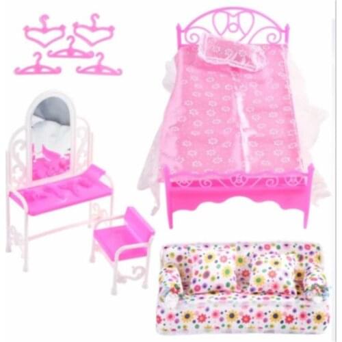 Furniture Toy Doll House Accessories 1*Cloth Sofa With 2 Cushions +1*Bed + 1*Dresser +10* hangers For Doll Kids Play House Toys