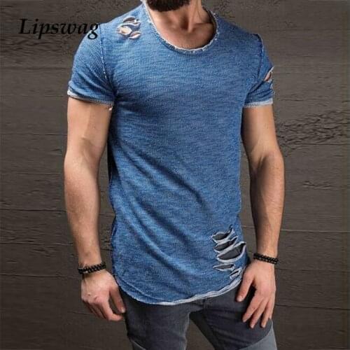 2021 Summer Men Hipster Ripped T-shirt Short Sleeve O-Neck Slim Casual Tees For Men Solid Color Pullover Tops Fashion Streetwear