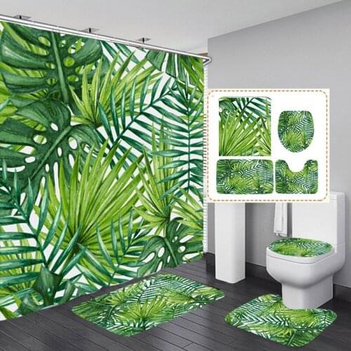 Green Tropical Plants Leaves Rug Bathroom Shower Curtain Soft 3 PCS Mat Set Toilet Cover Bath Waterproof Toilet Cover Mat
