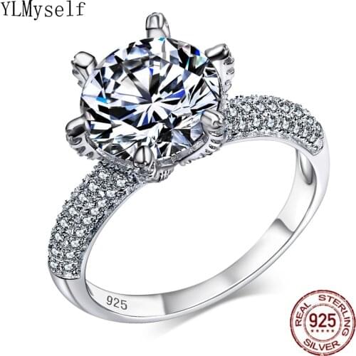 Real 925 Silver Ring Pave Big Shiny Round Zircon Top Quality Wedding Finger Rings Bridal Fine Jewelry