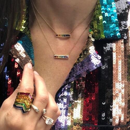 NEW Dazzling rainbow bar traffic light necklace pendent gold color chain shiny simple women colorful cz fashion necklaces Gifts
