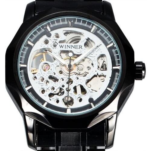 New WINNER Watch Dress Automatic Mechanical Watches Men Black Case Skeleton Dial Steel Strap Classic Gift Military Wristwatch