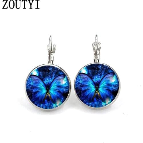New / glamorous fashion Blue 3D Symphony butterfly ladies wear earrings, convex and concave glass inlaid earrings jewelry