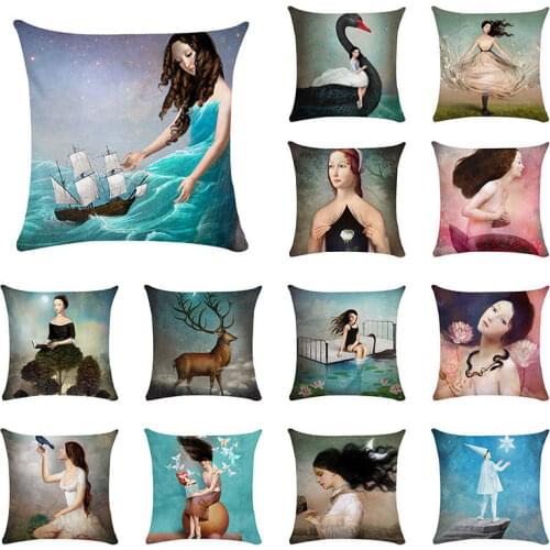 New Elegant Lady Beautiful Girl Style Oil Painting Moon Music Fairytale Flower Bird Polyester Cushion Cover Pillow Case TP118