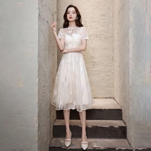 High Neck Short Sleeves Evening Dress Embroidery Zipper Back A-Line Empire Fashion New Tea-Length Woman Formal Party Gowns A1435