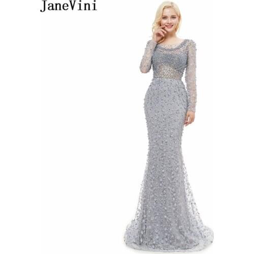 JaneVini Luxury Beaded Dubai Gray Bridesmaid Dresses Long Sleeves Scoop Neck Sweep Train Elegant Pageant Mermaid Lace Prom Gowns