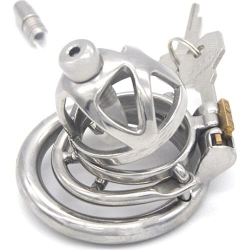 Male Chastity Device Metal Bondage Hollow Creative Chastity Lock Cage with Catheter Barbed and Anti-off Ring for Men G7-241E