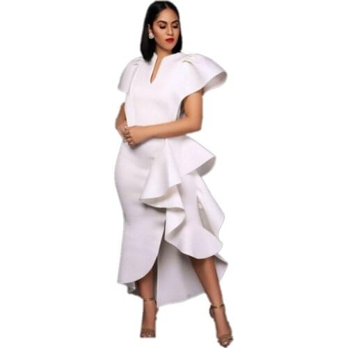 Evening Party Club Elegant Women White Dress V-neck Ruffled High Waist Large Size Slim Irregular Dress Dinner Robe Work Wear