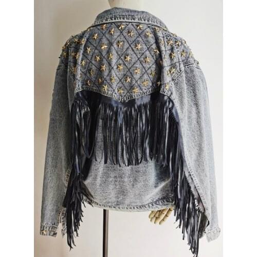 AYUALIN Blue Boho Hippie Outwear Fringe Denim Fall Jacket For Women Vintage Star Rivets Long Sleeve Autumn Jeans Jackets Coats