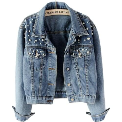 Womens Short Denim Jacket 5xl Oversized Jean Jacket Pearl Beading Pocket Outerwear Ladies Streetwear Coats Female Denim Jackets