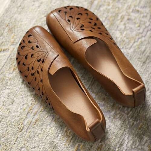 Vintage Womens Loafers Shoes Flat Hollow Leather Sandals Summer Woman Handmade Leather Soft Sole Oxford Flat Shoes