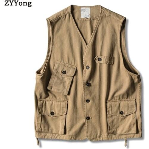 New Cotton Vest Men Fashion Solid Color Retro Casual V-neck Sleeveless Jacket Streetwear Wild Loose Gilet Youth Waistcoat Coat