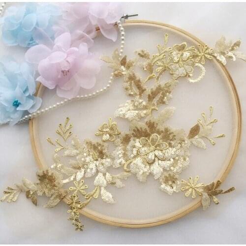 Exquisite 3D Flower Lace Applique With Sequins In Gold Black Royal Blue Champagne Silver Color Dress DIY Lace Trim 1 Piece