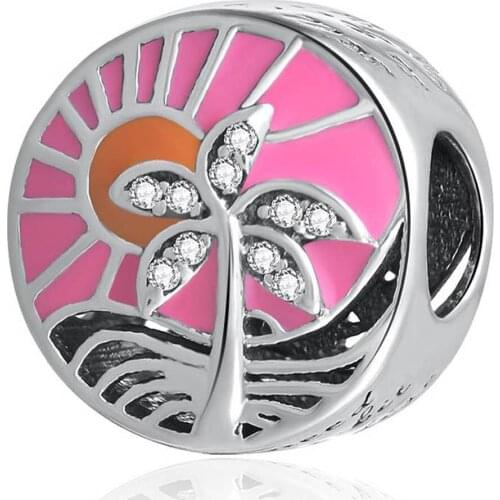 Authentic S925 Bead DIY Jewelry Tropical Sunset Palm Tree Sea Charm fit Lady Bracelets