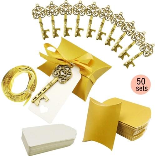 50Set Retro Key Bottle Opener Wedding Wine Keychain Candy Box with Tag Ribbon Party Favor Gift