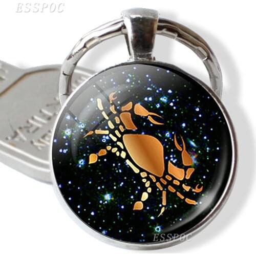 Twelve Zodia Constellations Sign Keychain Birthday Gift Glass Dome Pendant Jewelry Scorpio Cancer Gemini Leo Keyring Key Chain