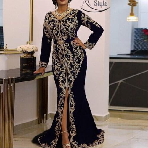 Black Mermaid Moroccan Caftan Evening Kaftan Dress Sexy Slit Embroidered Long Sleeve Formal Dress elbise abiye Evening Gown