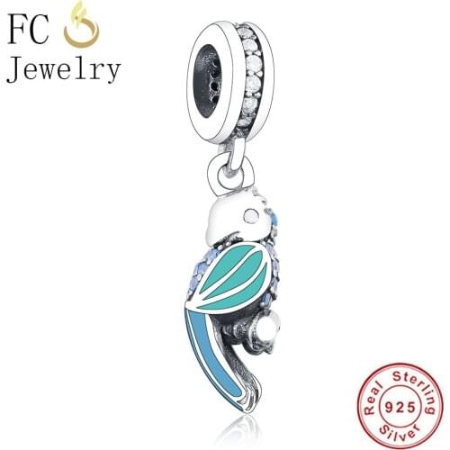 FC Jewelry Fit Original Brand Charms Bracelet 925 Silver Animal Birds Enamel Parrot & Blue Zircon Crystal Bead Making Berloque
