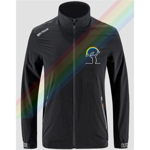 Mr. La Linea Beautiful Rainbow Breathable Jacket Mens Outdoor Zippered Comfortable Light Soft Fashion Casual Front Printing