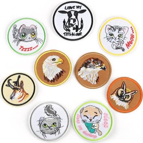Animal Round Badge Cat Dog Owl Deer Milk Cow Eagle Bald Cute Embroidery Sticker Diy Outfits for Hat Vest Backpack Jacket