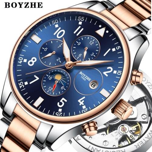 BOYZHE Mens Automatic Mechanical Watch Time Moon Phase Waterproof Luminous hands Casual Military Sport Watches Relogio Masculino