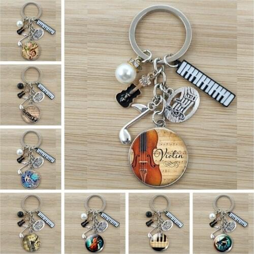 Musical Instruments Clarinet Guitar Flute Violin Music Keychain Pendant Musical Note Keychain Keyring Music Glass Dome Jewelry