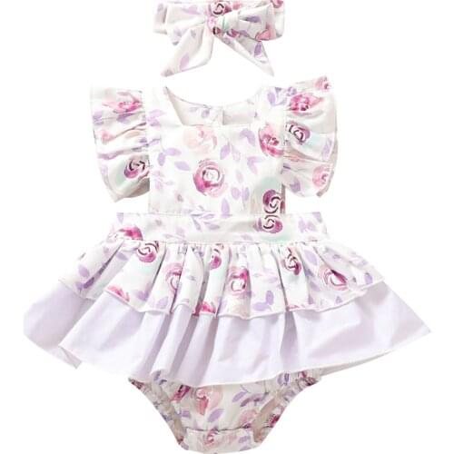 0-24M Sweet Baby Girl Froral Romper Dress with Bow Headband Summer Infant Baby Ruffles Short Sleeve Jumpsuit Floral 2Pcs